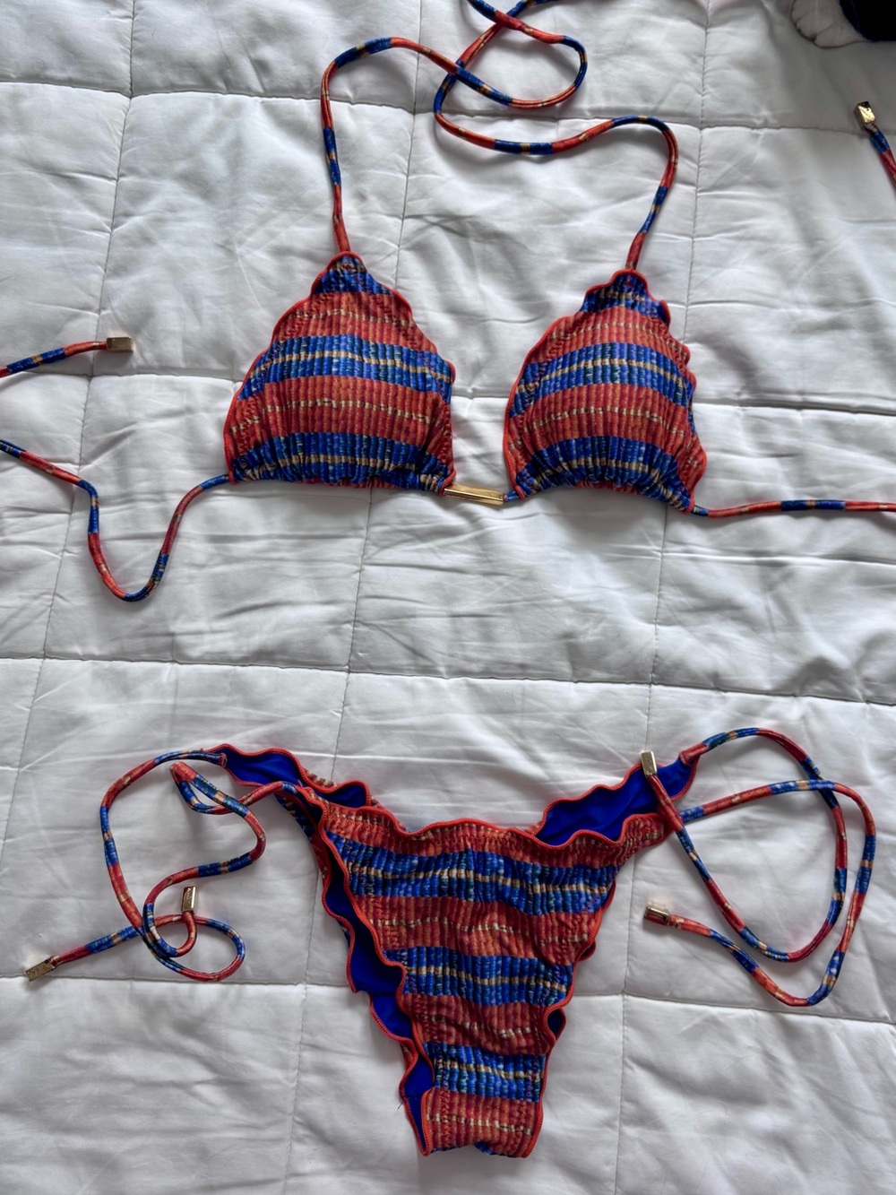 Vix Striped Red & Blue Smocked Triangle Bikini Set